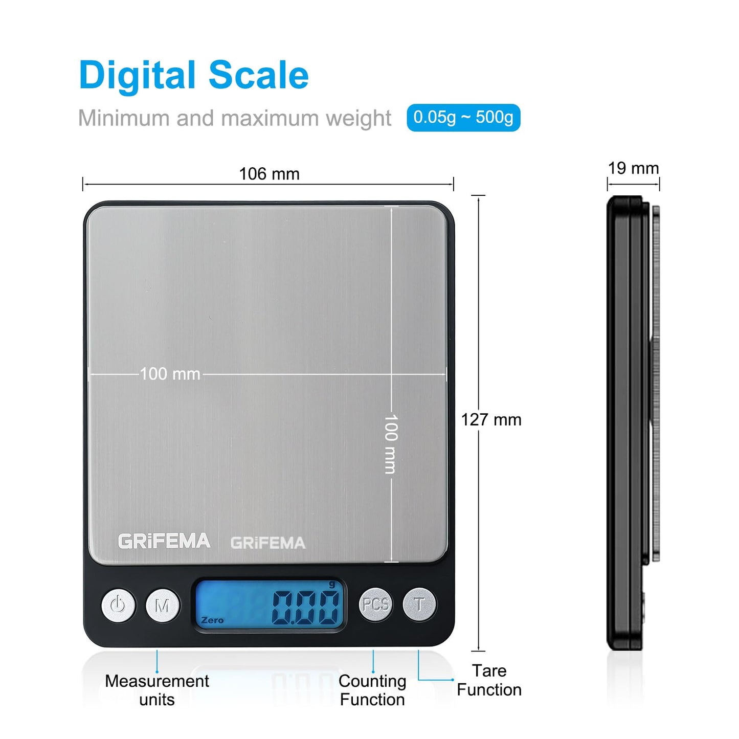 GRIFEMA Küchenwaage Digitale Profi (Hochpräzise 0.05g-500g)- Feinwaage mit LCD Display und 2 Batterien, Briefwaage Abstellautomatik und Tara, Kitchen Scale Klein mit 6 Maßeinheit