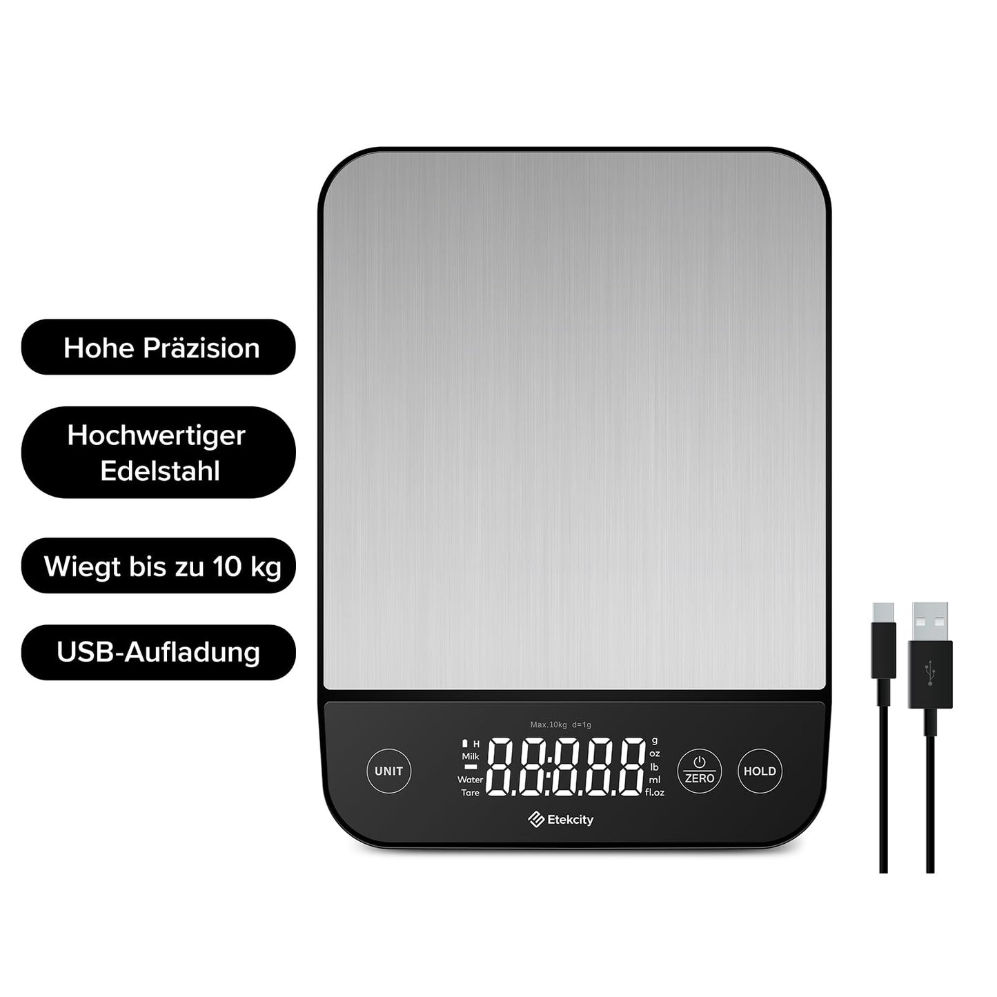 Etekcity Küchenwaage, Küchenwaage Digital 1g genau, 10kg Kitchen Scale mit LED-Display, Tare-Funktion, USB-Aufladung, Präzisionswaage für Küche, Edelstahl - 10KG - 1g -Edelstahl-Schwarz
