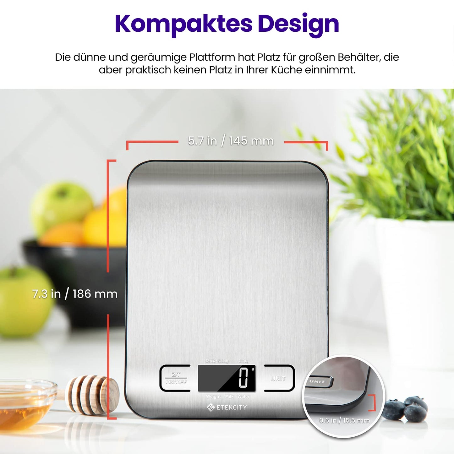 ETEKCITY Küchenwaage Digital - Edelstahl 304 - Lebensmittelgeeignete Waage Küche - Leicht zu Reinigen - Feinwaage mit Beleuchtetem LCD-Klare und gut Lesbare Kithchen Scale - 5 KG-1g - Edelstahl-Silber