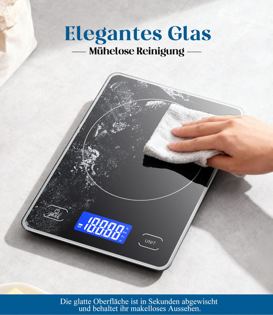 Küchenwaage Digital mit 15 kg Tragkraft, 5 Einheiten in g/ml/fl'oz, Präzise Waage Küche mit Großem Display, Dual Power (USB-C/Batterie), 1g Hochpräzise, Tara, Sicherheitsglas für Backen, Kochen