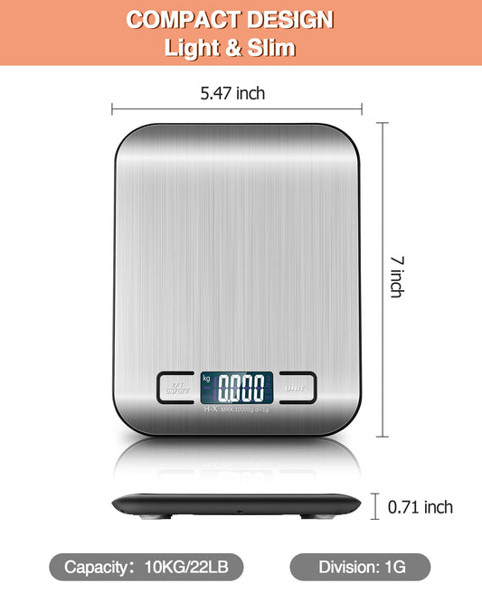 Küchenwaage Digitale mit LCD-Display und Tara-Funktion, Präzise 1g Messung zum Backen und Kochen, Silber