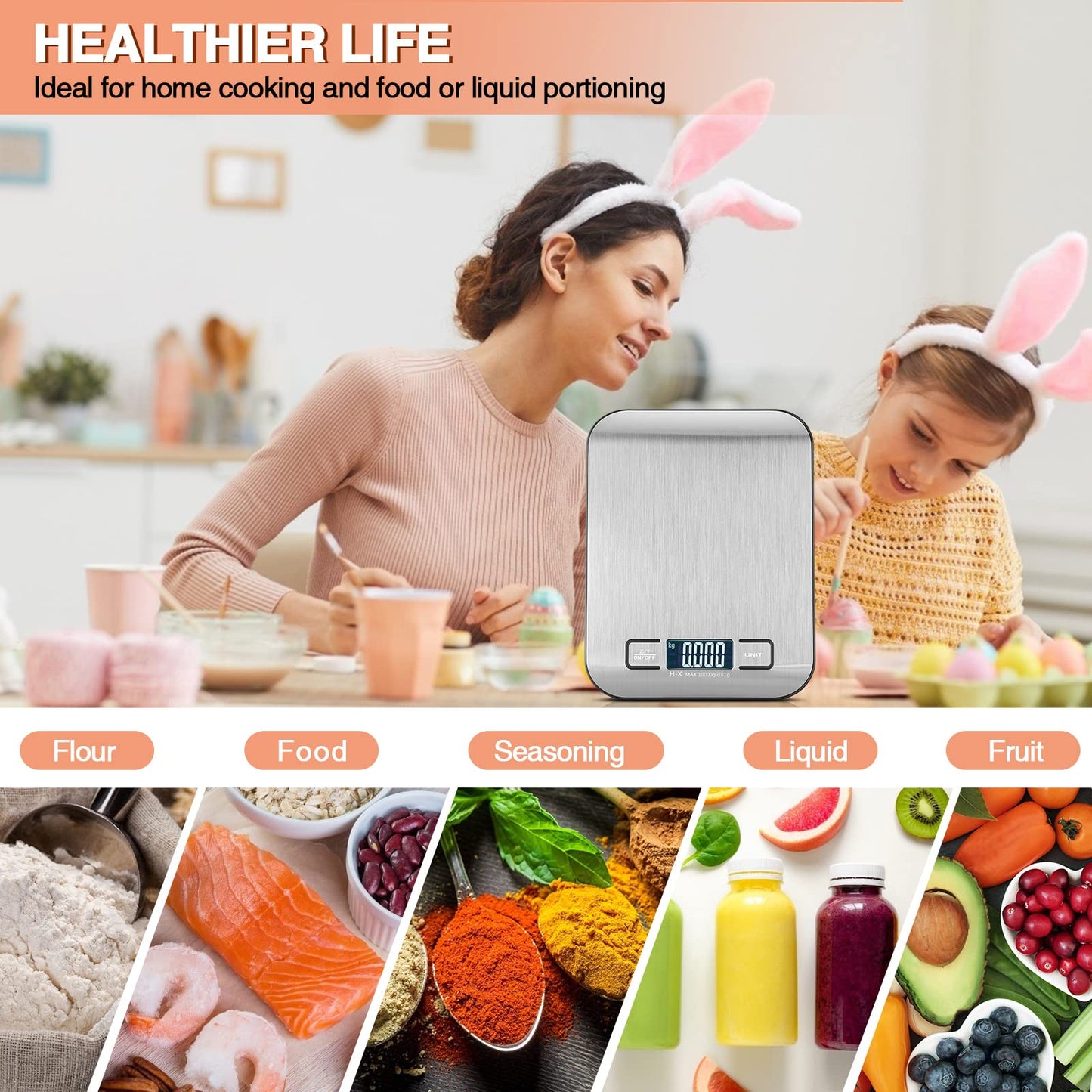 Küchenwaage Digitale mit LCD-Display und Tara-Funktion, Präzise 1g Messung zum Backen und Kochen, Silber