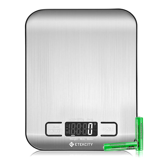 ETEKCITY Küchenwaage Digital - Edelstahl 304 - Lebensmittelgeeignete Waage Küche - Leicht zu Reinigen - Feinwaage mit Beleuchtetem LCD-Klare und gut Lesbare Kithchen Scale - 5 KG-1g - Edelstahl-Silber