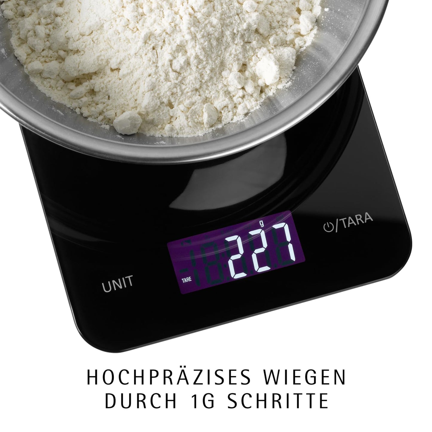 WMF Digitale Küchenwaage schwarz 23 x 15 x 2 cm, Backwaage, Haushaltswaage, Küchenwaage digital, Sicherheitsglas, grammgenau, Tara-Funktion, 5kg Maximalgewicht, schwarz