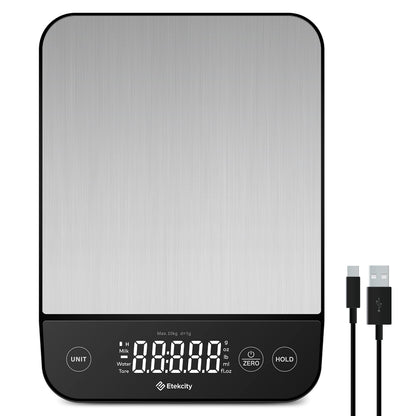 Etekcity Küchenwaage, Küchenwaage Digital 1g genau, 10kg Kitchen Scale mit LED-Display, Tare-Funktion, USB-Aufladung, Präzisionswaage für Küche, Edelstahl - 10KG - 1g -Edelstahl-Schwarz