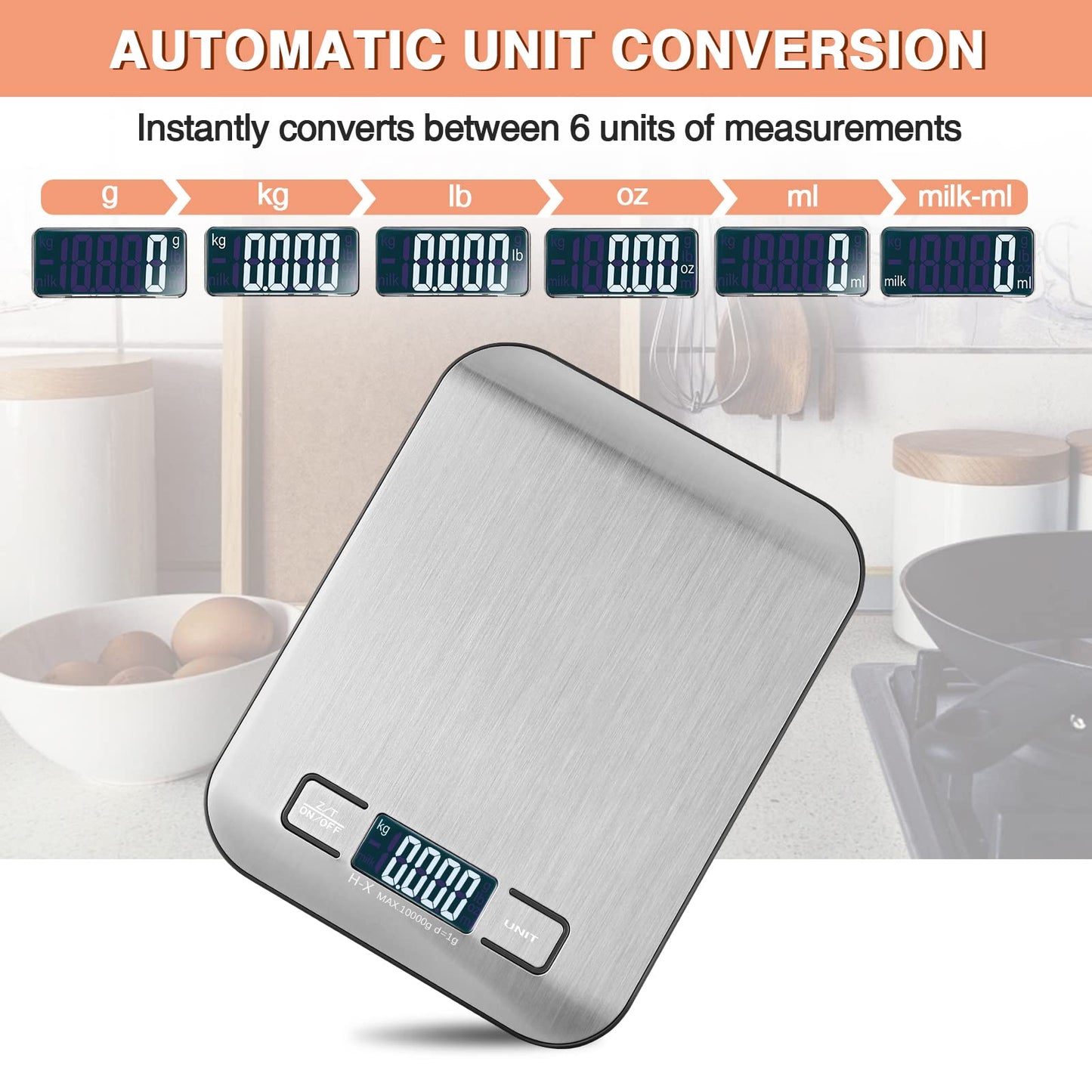 Küchenwaage Digitale mit LCD-Display und Tara-Funktion, Präzise 1g Messung zum Backen und Kochen, Silber