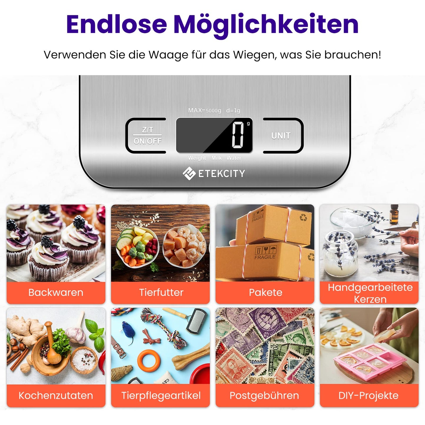 ETEKCITY Küchenwaage Digital - Edelstahl 304 - Lebensmittelgeeignete Waage Küche - Leicht zu Reinigen - Feinwaage mit Beleuchtetem LCD-Klare und gut Lesbare Kithchen Scale - 5 KG-1g - Edelstahl-Silber
