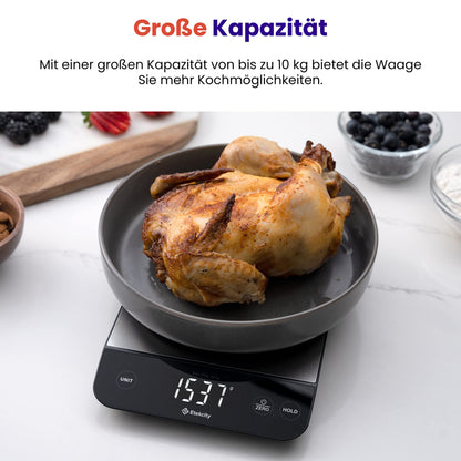 Etekcity Küchenwaage, Küchenwaage Digital 1g genau, 10kg Kitchen Scale mit LED-Display, Tare-Funktion, USB-Aufladung, Präzisionswaage für Küche, Edelstahl - 10KG - 1g -Edelstahl-Schwarz